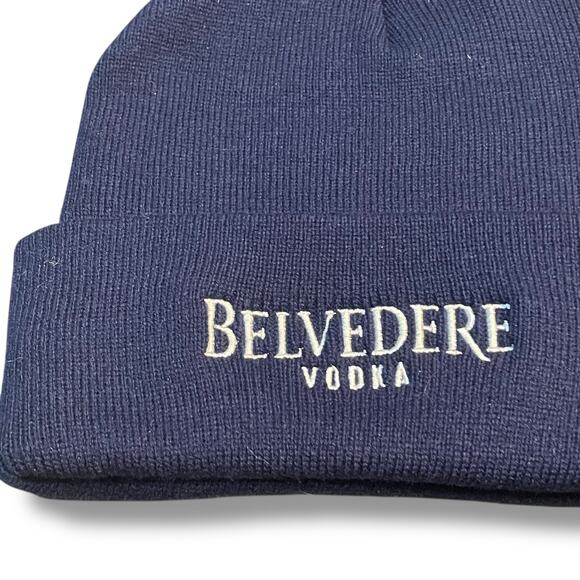 Belvedere Vodka Knit Beanie Hat Cap Pom Cuff Spirit Ski Snowboard OS Navy Blue - Picture 5 of 11